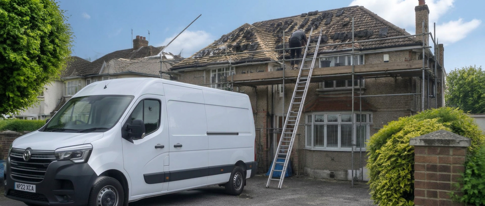 Roofer beside a work van