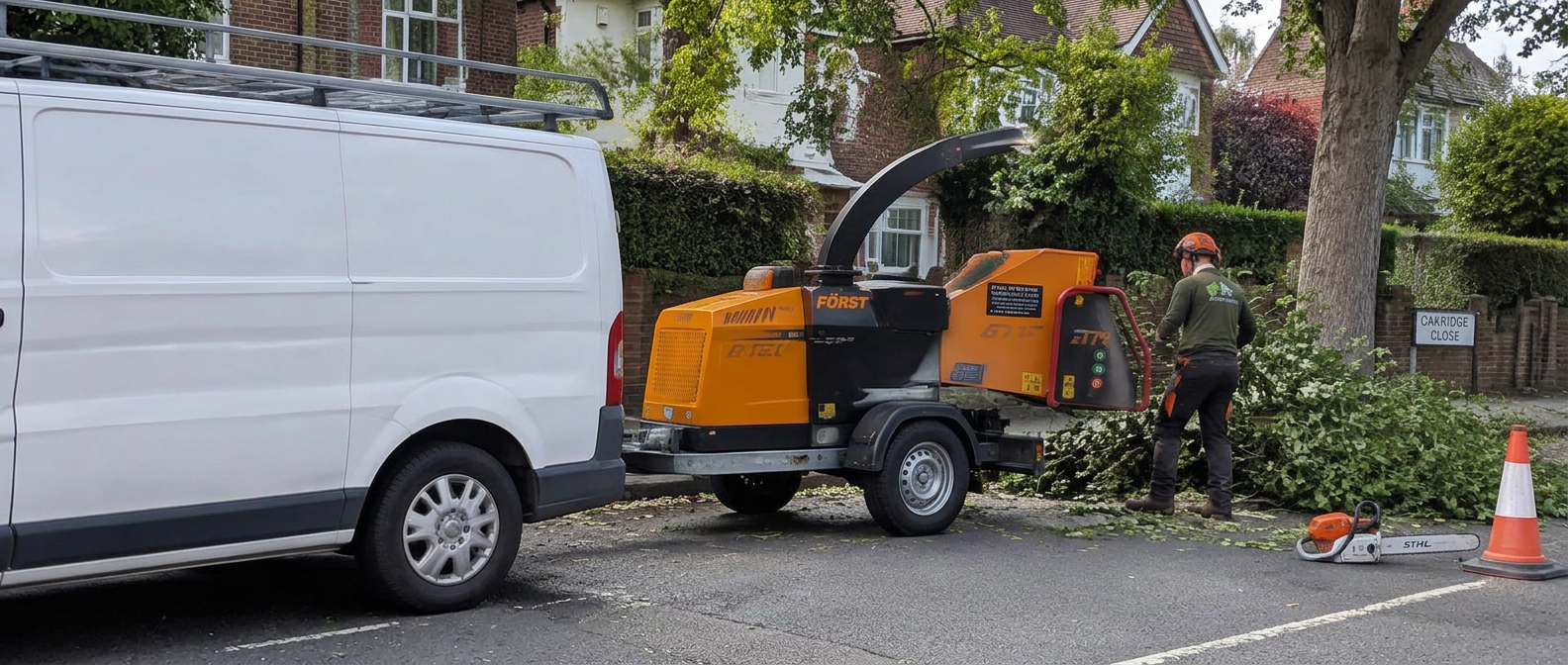Tree surgeon beside a work van
